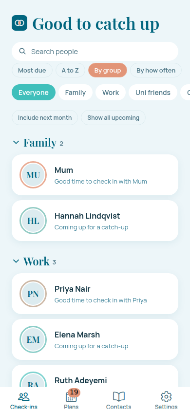 The Check-ins tab, listing people who are due a catch-up, each with a coloured ring around their initials.