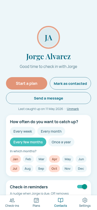 A contact set to a quarterly rhythm with specific months pinned, rather than counting from the last catch-up.