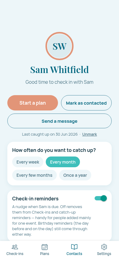 A single contact's card, where their catch-up rhythm, nickname and birthday are set.