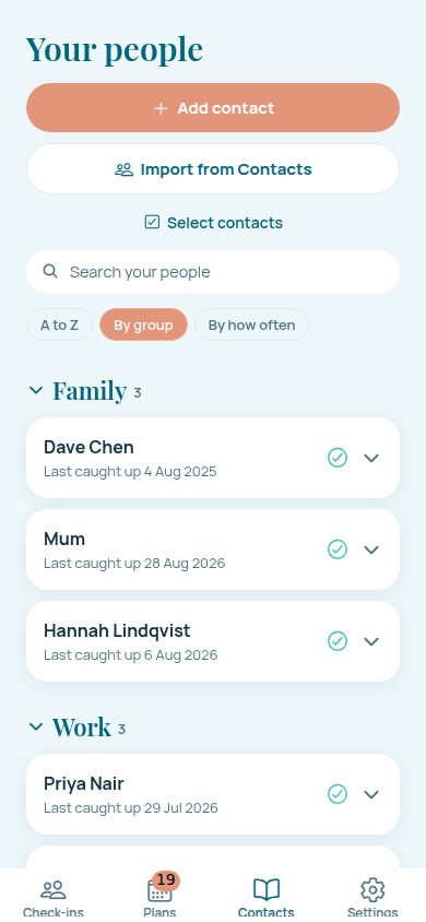 The Contacts tab, showing everyone added to KalaBond with the groups they belong to.