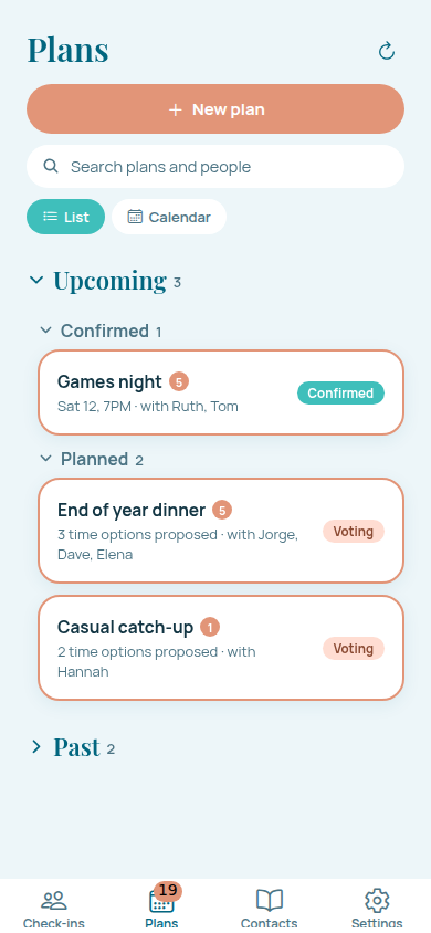 The Plans tab, listing plans that are being proposed, voted on, locked in, or already past.